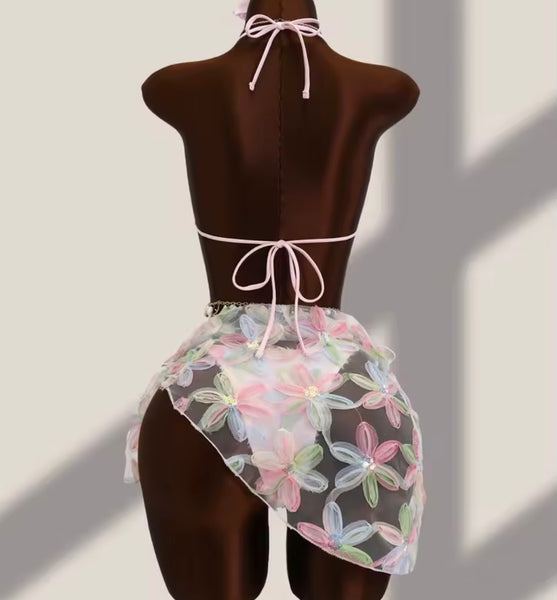 Women Sexy Floral Bikini Mesh Cover Up Set