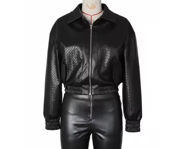 Women Fashion Color Zip Up Faux Leather Jacket