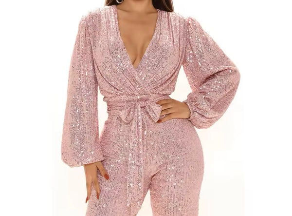 Women Sexy Sequins V-Neck Full Sleeve Tie Up Jumpsuit