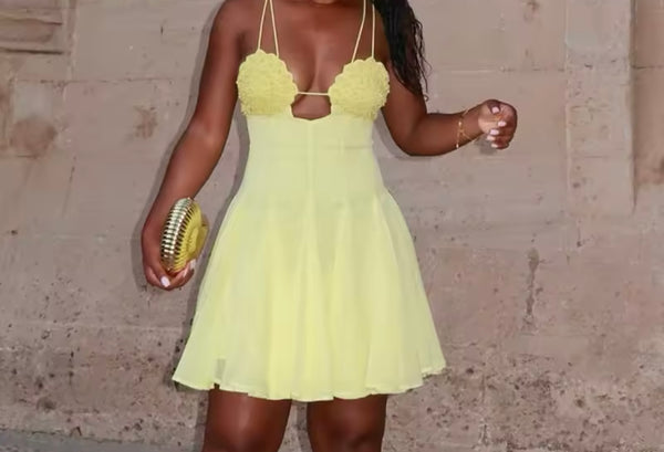 Women Sexy Yellow Sleeveless Ruffled Dress