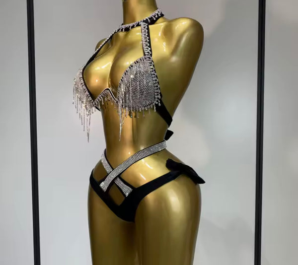 Women Sexy Rhinestone Black Halter Bikini Swimsuit