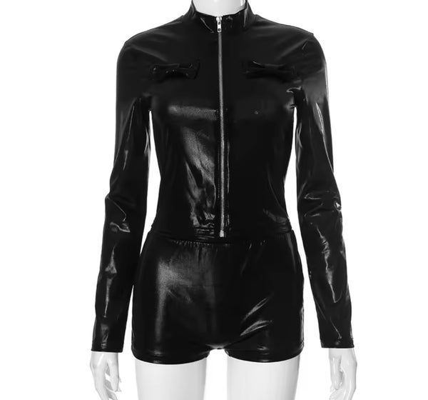 Women Black Sexy PU Zip Up Full Sleeve Two Piece Short Set