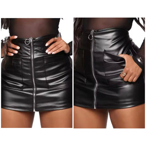 Women Black PU Front Zipper Sexy Fashion Skirt