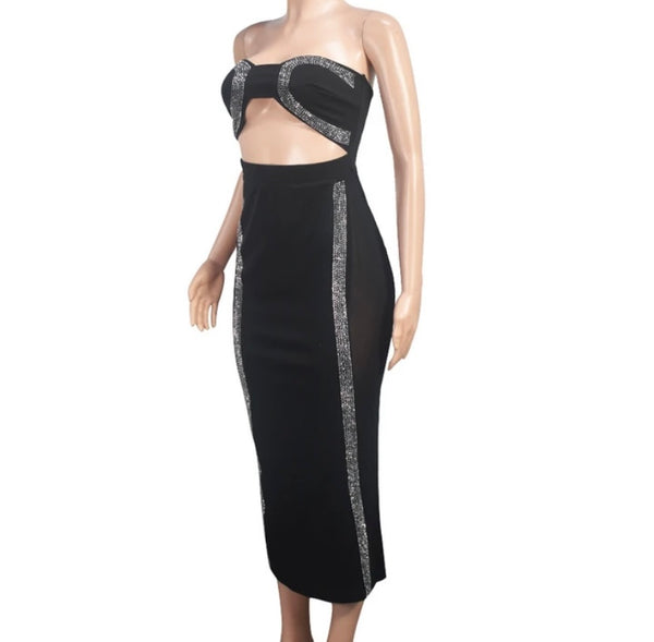 Women Black Bling Strapless Sexy Cut Out Maxi Dress