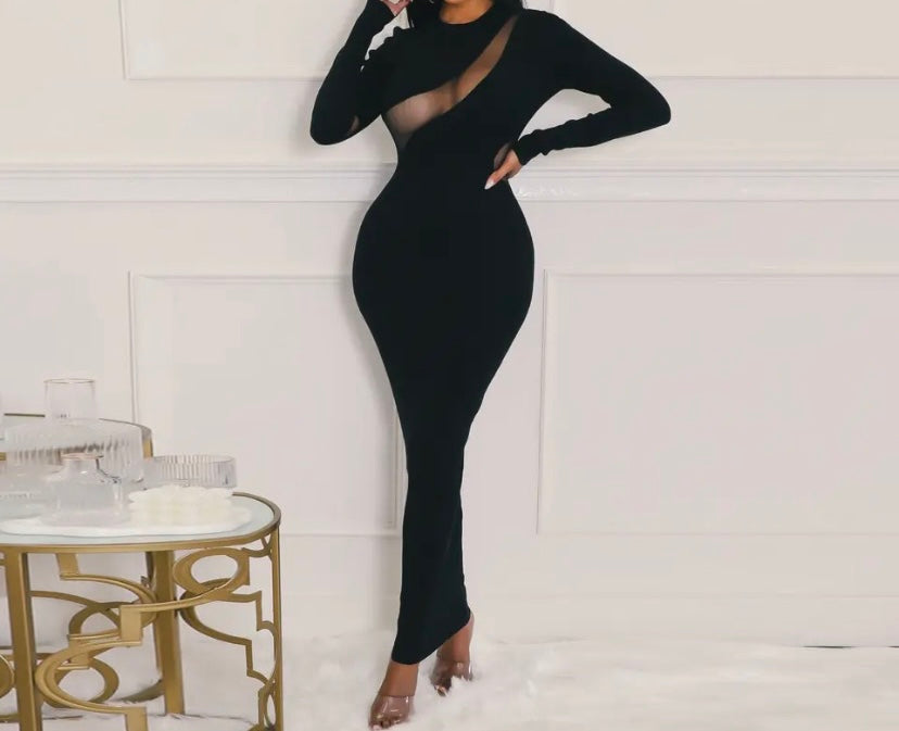 Women Sexy Mesh Patchwork Solid Color Full Sleeve Maxi Dress