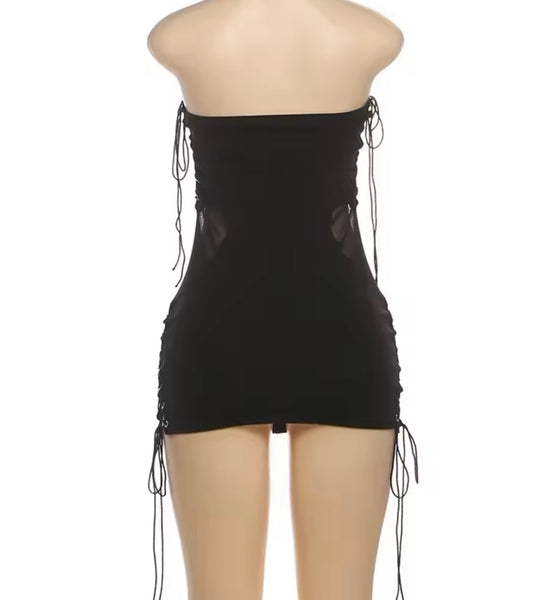 Women Sexy Black Strapless Heart Mesh Tie Up Dress