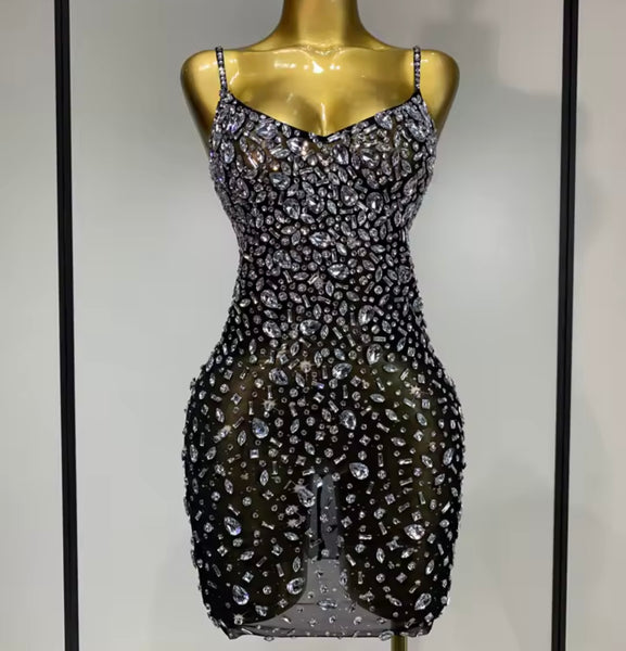 Women Sexy Sleeveless Rhinestone Mesh Dress