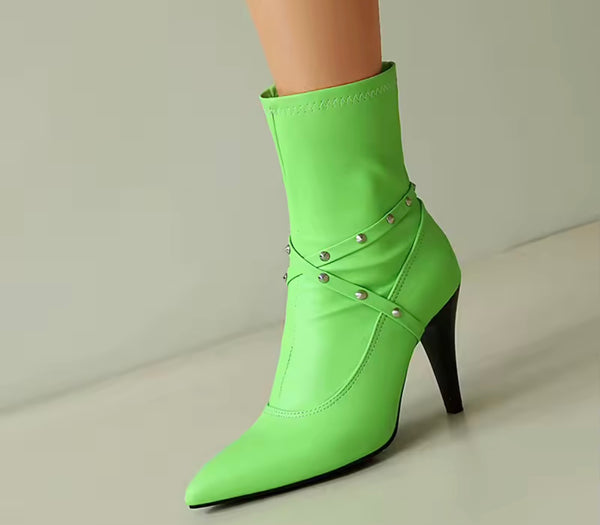 Women Color Pointed Toe Criss-Cross Rivet High Heel Ankle Boots