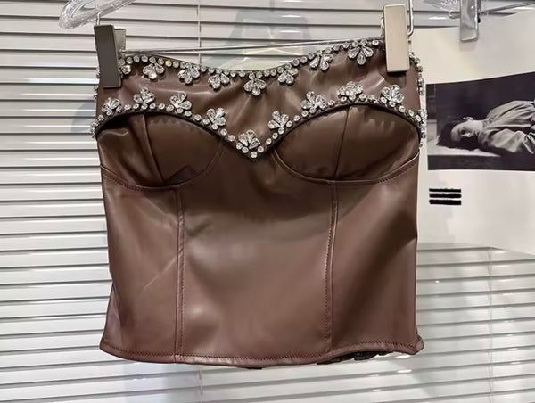 Women Sexy Strapless Floral Rhinestone PU Crop Top