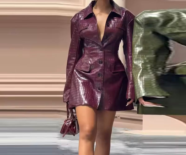 Women Fashion Button Up Faux Leather Blazer Jacket