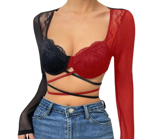 Women Sexy Lace Mesh Color Patchwork Crop Top