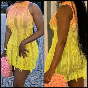 Women Sexy Sleeveless Yellow Gradient Fringe Dress