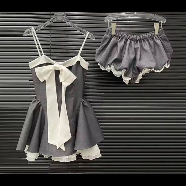 Women Sleeveless Bow Color Patchwork Two Piece Short Set