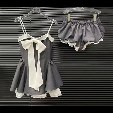 Women Sleeveless Bow Color Patchwork Two Piece Short Set