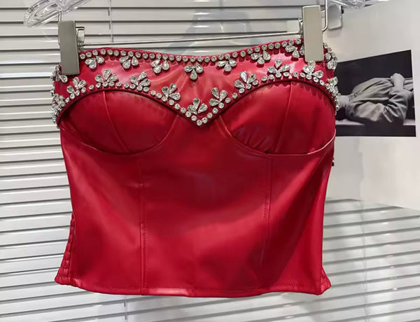 Women Sexy Strapless Floral Rhinestone PU Crop Top