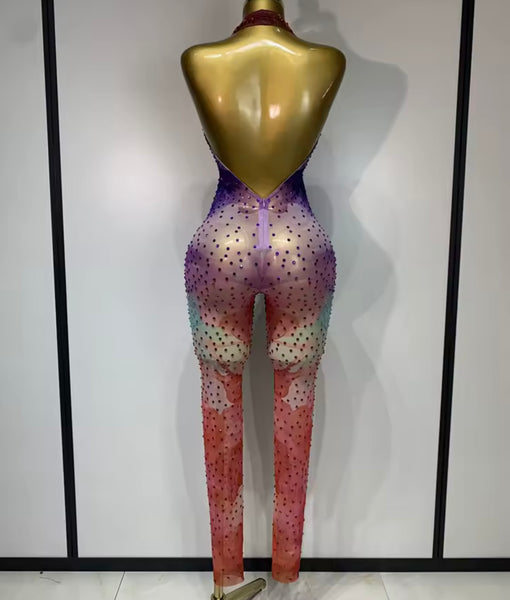 Women Multicolored Rhinestone Halter Sleeveless Mesh Jumpsuit