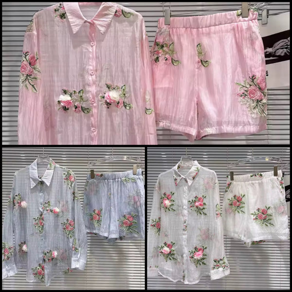 Women Floral Collar Button Up Full Sleeve Two Piece Short Set