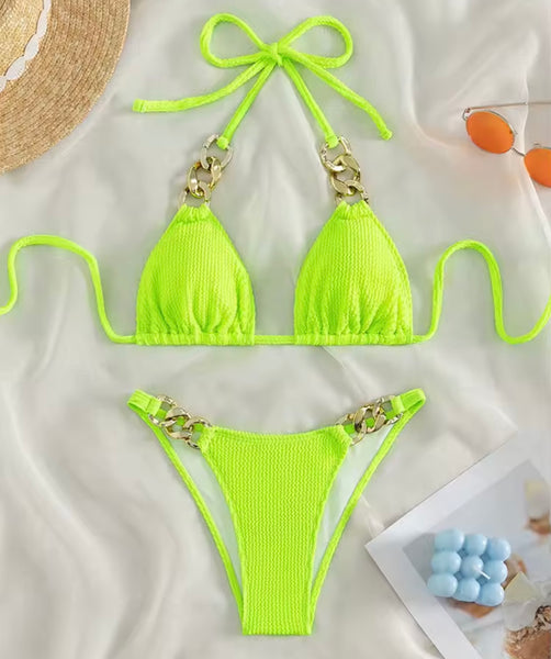 Women Sexy Tie Up Halter Green Ribbed Chain Bikini Swimsuit