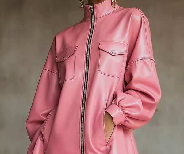 Women Pink Faux Leather Zip Up Fringe Tassel Full Sleeve Dress