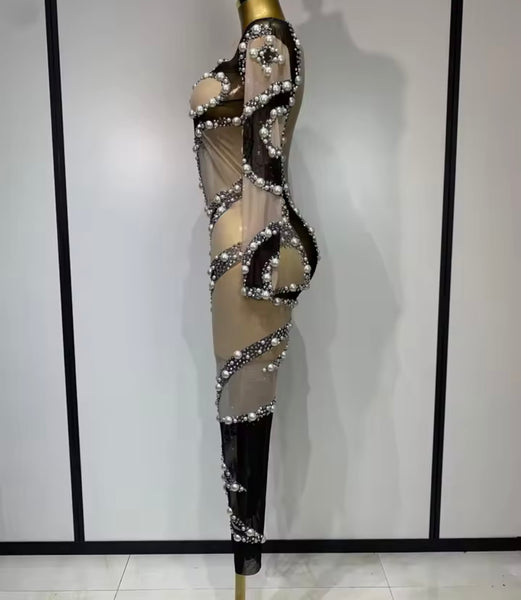Women Sexy Black Pearl Rhinestone Mesh Patchwork Jumpsuit