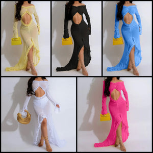 Women Sexy Full Sleeve Ruffled Cut Out Mesh Maxi Dress
