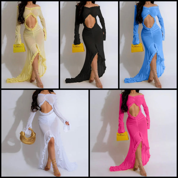 Women Sexy Full Sleeve Ruffled Cut Out Mesh Maxi Dress