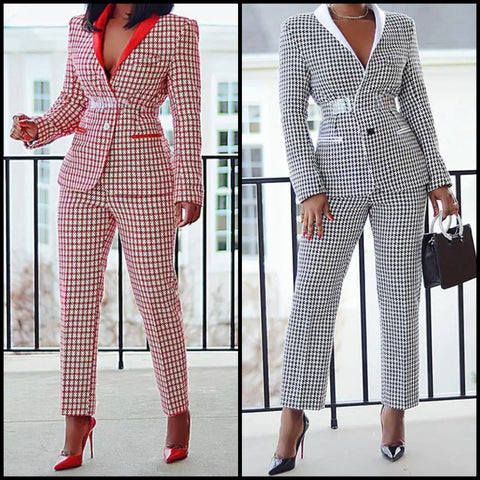Women Fashion Full Sleeve Houndstooth Blazer Two Piece Pant Set