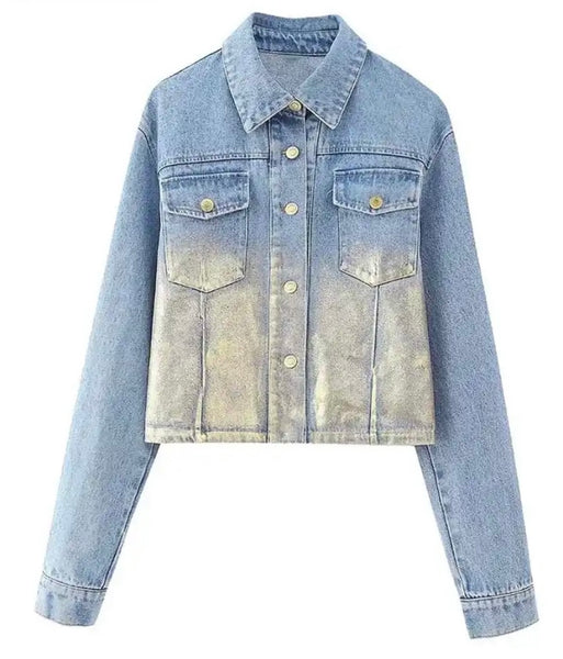 Women Fashion Metallic Patchwork Two Piece Denim Jacket Skirt Set