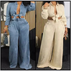 Women Color Full Sleeve Crop Two Piece Fashion Pant Set