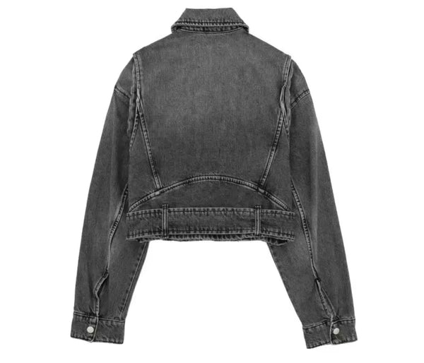 Women Fashion Gray Denim Buckled Zip Up Jacket
