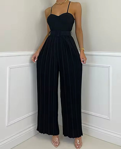 Women Sleeveless Solid Color Fashion Pleated Jumpsuit