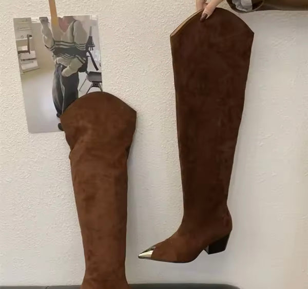 Women Metal Pointed Toe Suede Fashion Knee High Western Boots