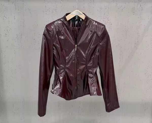 Women Fashion Faux Leather Jacket Two Piece Skirt Set