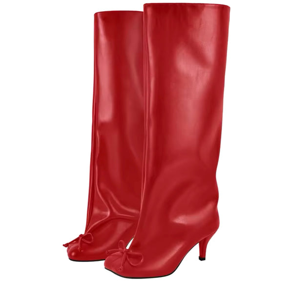 Women Fashion Round Toe Bow Knee High Boots