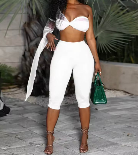Women White One Shoulder Sexy Two Piece Capri Pant Set