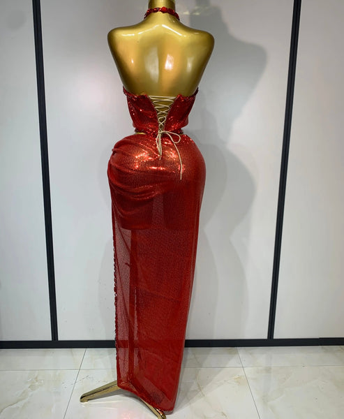 Women Sexy Halter Sleeveless Sequins Crystal Two Piece Maxi Skirt Set
