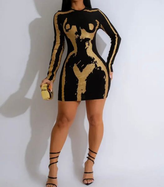 Women Sexy Black Gold Print Full Sleeve Dress