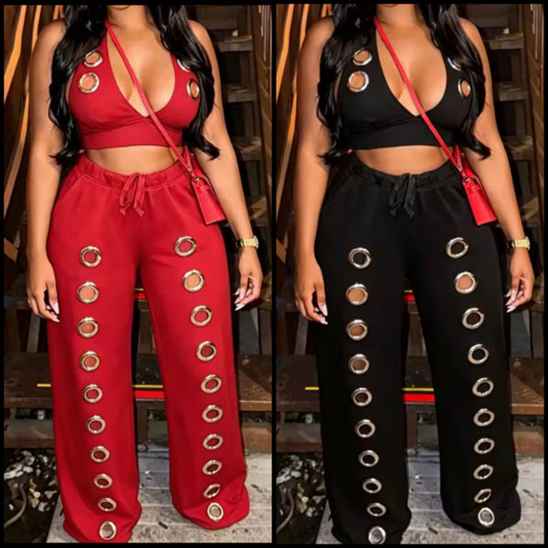 Women Fashion Halter Sleeveless Metal Ring Two Piece Pant Set