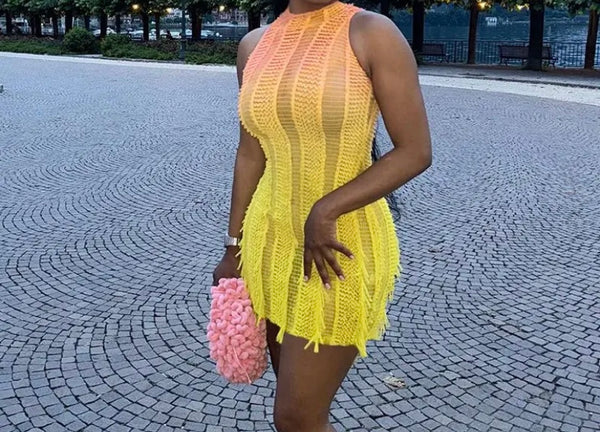 Women Sexy Sleeveless Yellow Gradient Fringe Dress