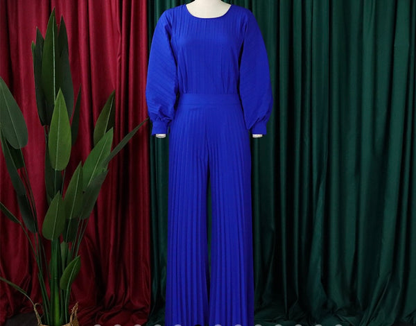 Women Fashion Full Sleeve Solid Color Two Piece Pleated Pant Set