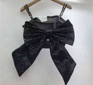 Women Sleeveless Sequins Bow Denim Crop Top