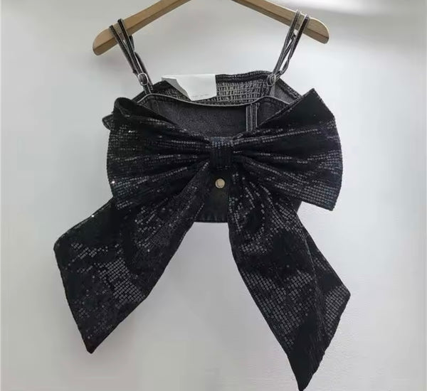 Women Sleeveless Sequins Bow Denim Crop Top