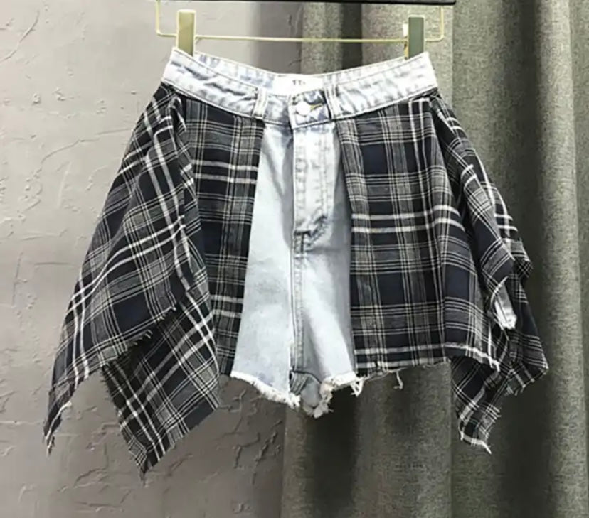 Women Fashion Plaid Patchwork Denim Shorts