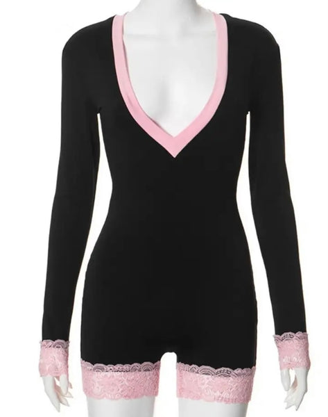 Women Sexy V-Neck Full Sleeve Black Pink Lace Patchwork Romper