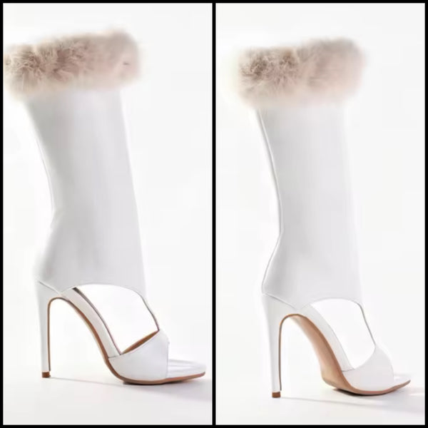 Women White Fashion Open Toe Fur Patchwork Boots