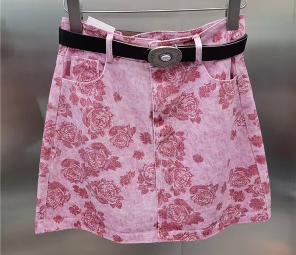 Women Fashion Color Patchwork Floral Denim Skirt