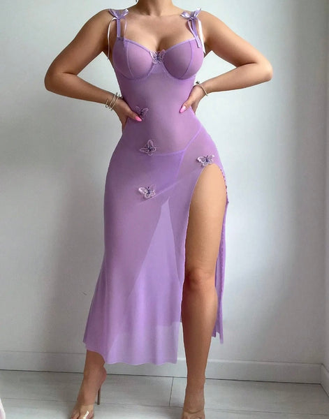 Women Sexy Color Butterfly Mesh Side Split Nightgown Lingerie