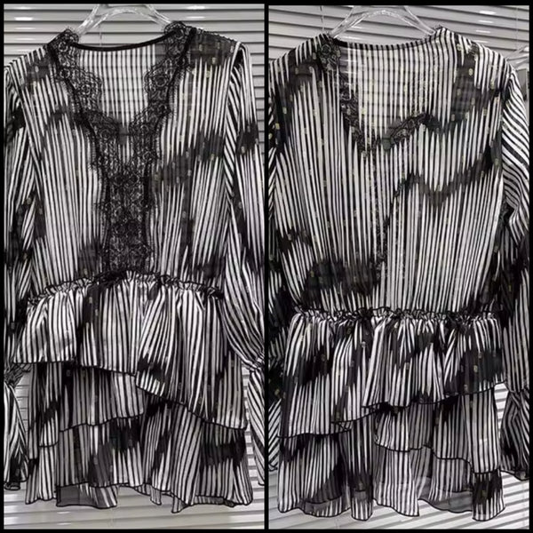 Women B&W Striped Ruffle Full Sleeve Dress