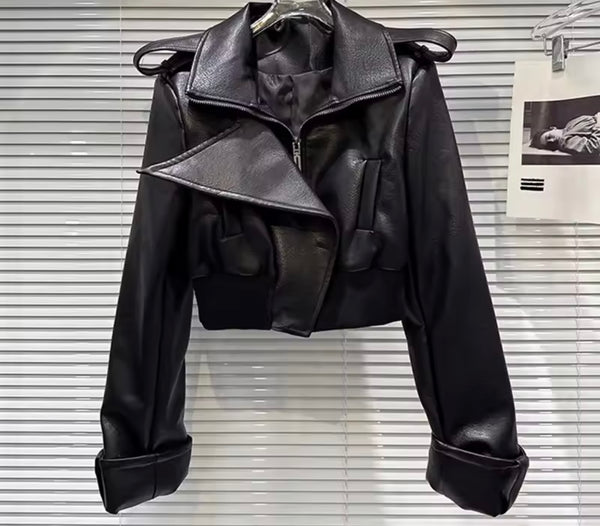 Women Black Faux Leather Fashion Jacket
