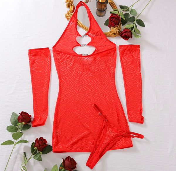 Women Sexy Red Halter Chain Cut Out Glove Mesh Lingerie Set